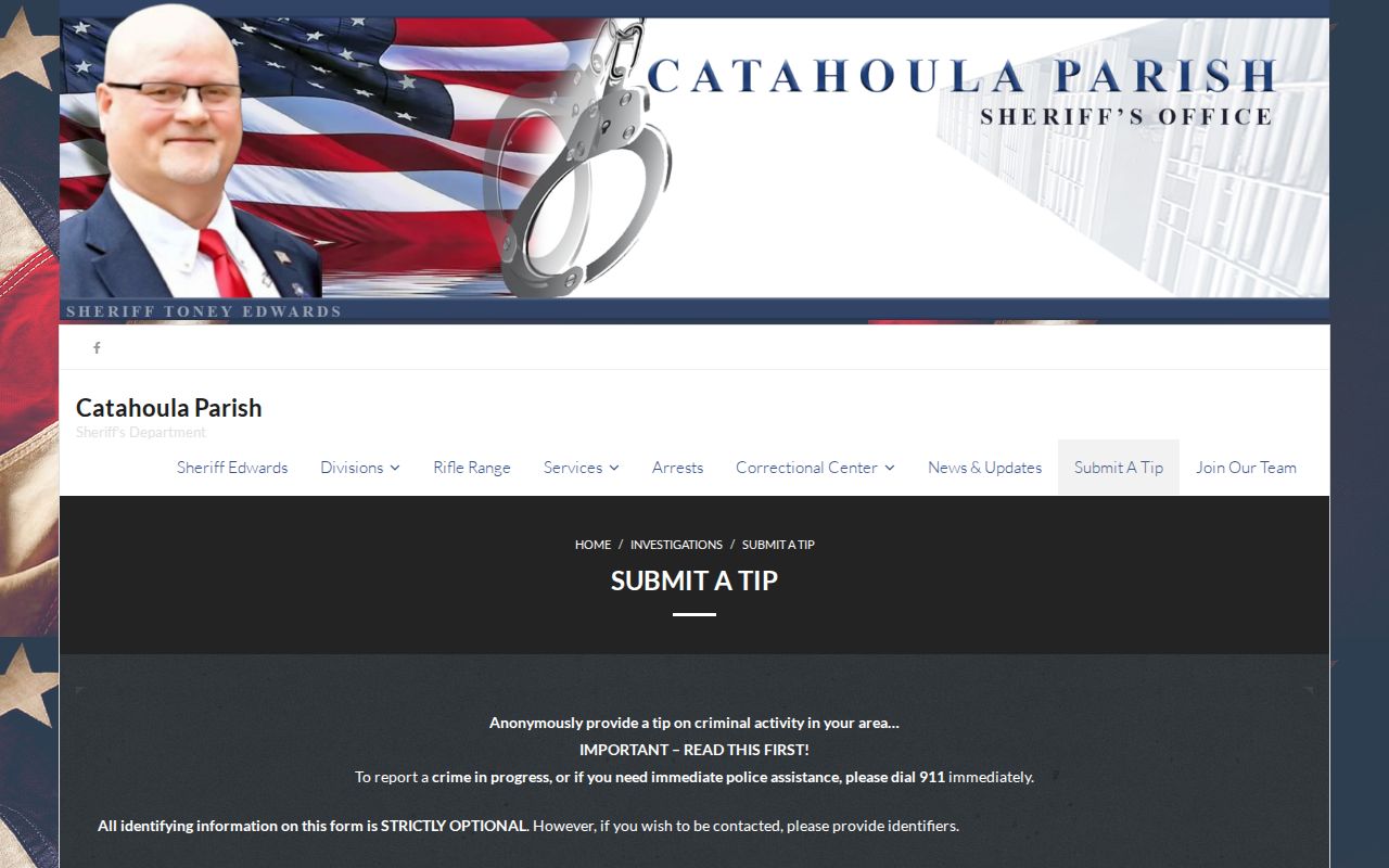 Anonymous tip form fields for Catahoula Parish most wanted and warrant records