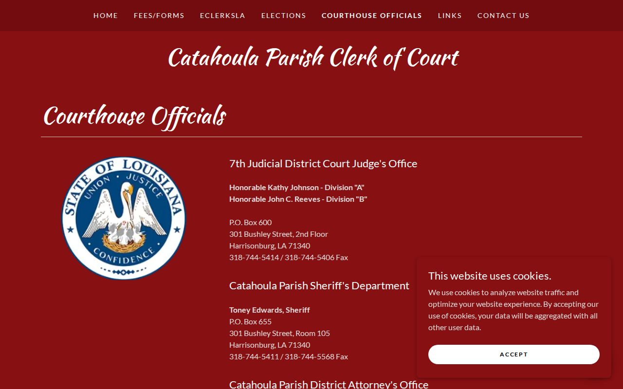 Catahoula Parish courthouse officials contact map for the judge, clerk, sheriff, and district attorney in Catahoula Parish warrant records research
