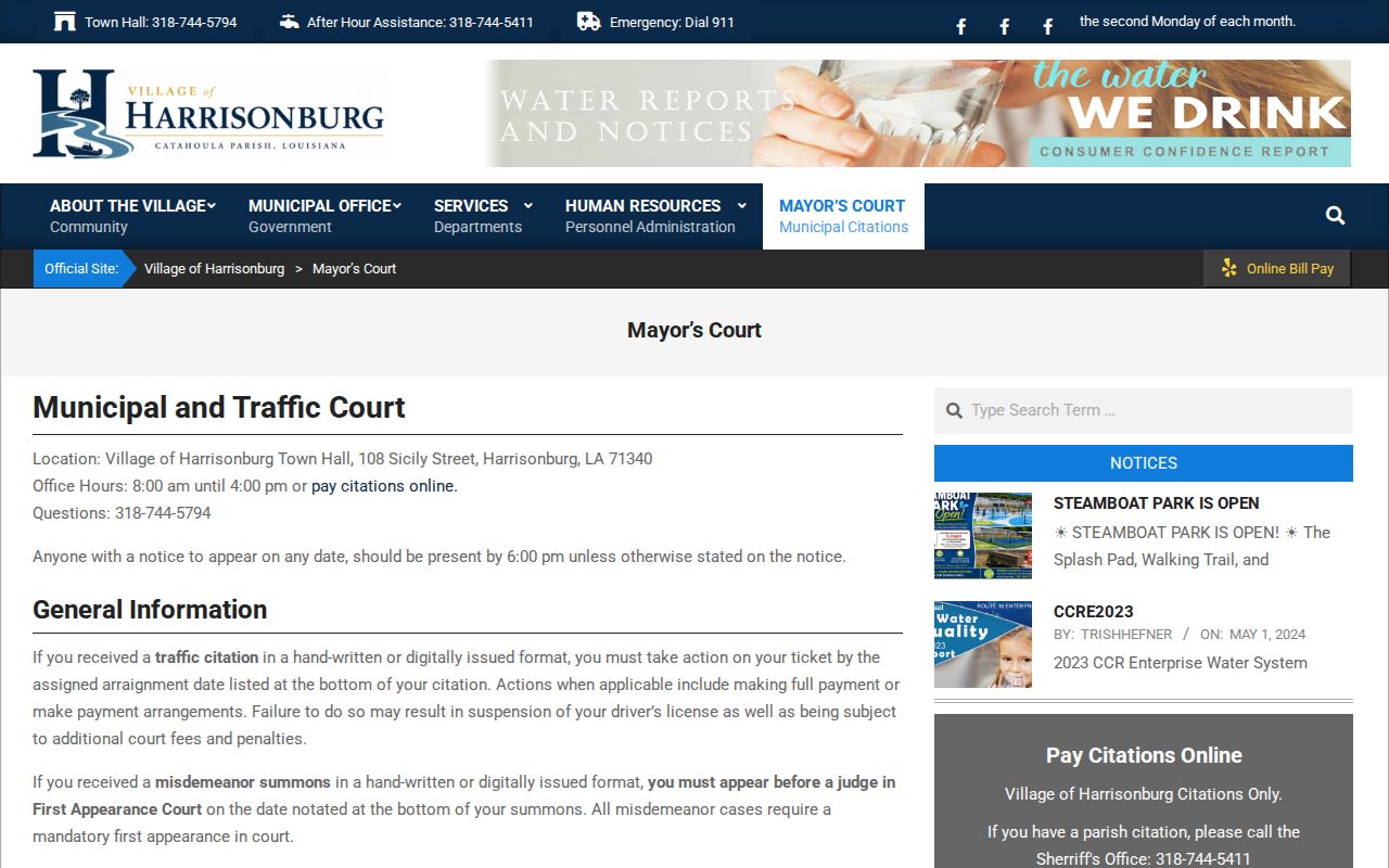 Harrisonburg Mayor's Court appearance and missed-date instructions related to Catahoula Parish bench warrant records