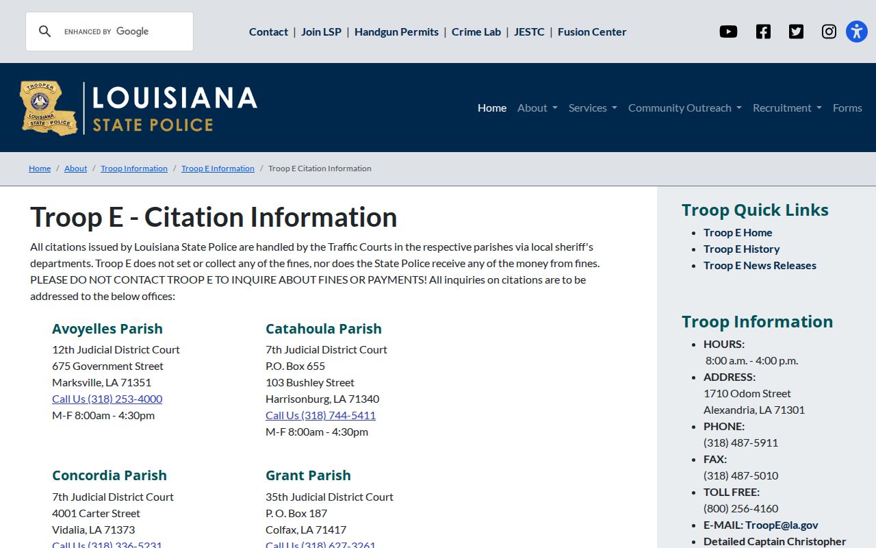 State police citation routing page for Catahoula Parish traffic warrant records