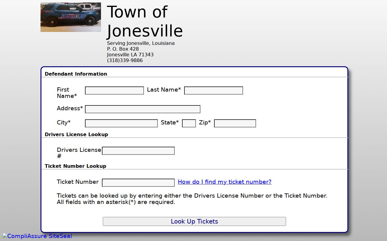 Jonesville ticket lookup fields for Jonesville warrant records