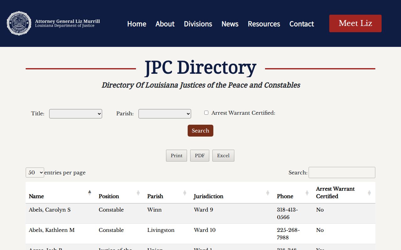 Attorney General justice-of-the-peace directory filters for Catahoula Parish warrant records research