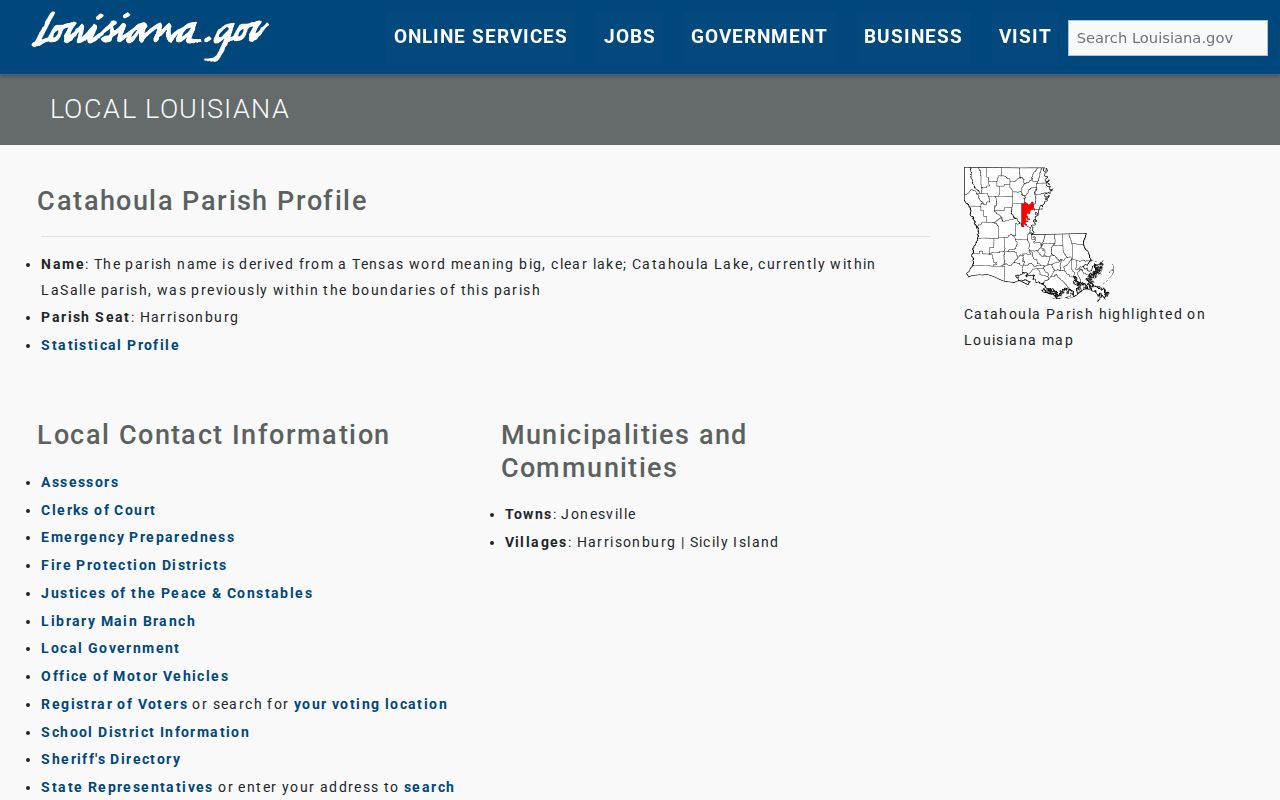 Catahoula Parish seat and municipal listing used for Catahoula Parish warrant records routing