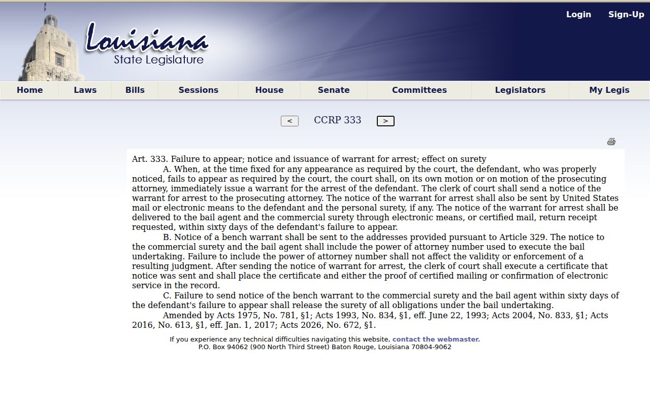 Louisiana failure-to-appear warrant statute used for Catahoula Parish bench warrant records