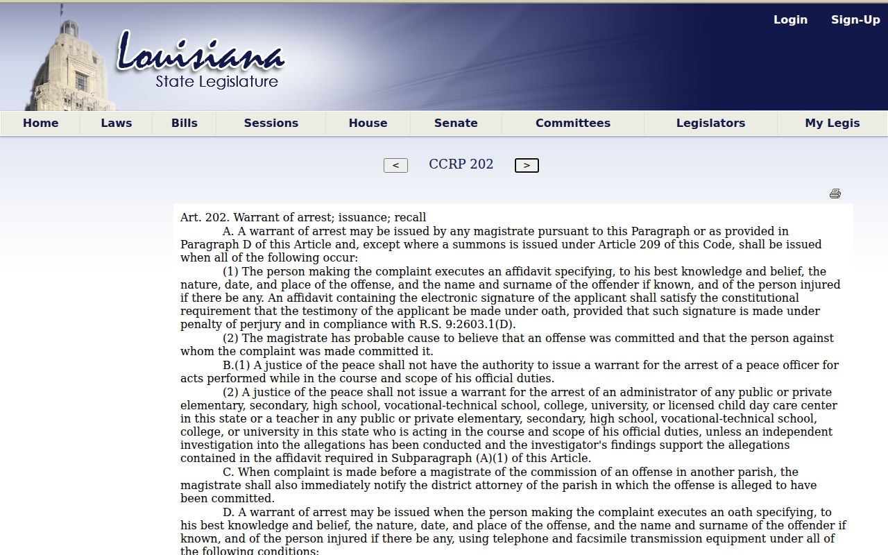 Louisiana arrest-warrant probable-cause statute used for Catahoula Parish arrest warrant records
