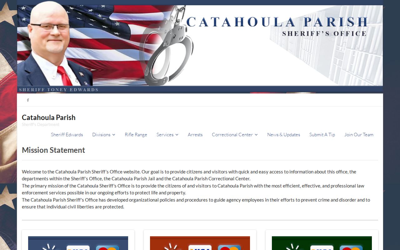 Catahoula Parish Sheriff home page showing agency contact details for Catahoula Parish warrant records